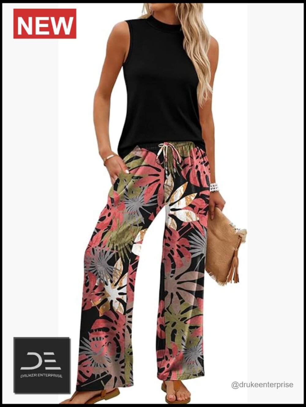 Two Piece Set - Mock Neck Tank & Wide Leg Pants - Travel Airport Vacation Outfit